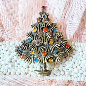 Vintage Christmas Tree Pin Brooch Colorful Rhinestones Holiday MISSING 1 STONE